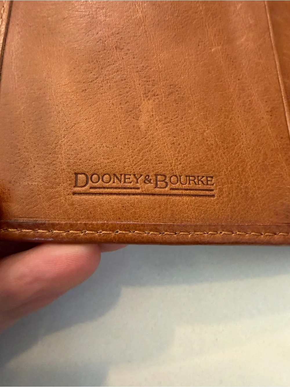 Dooney & Bourke Cognac Leather Tri Fold Wallet with Whipstitch Trim